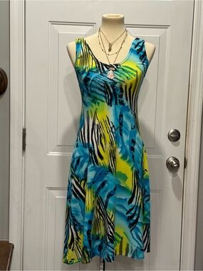 Sophie A Lime, Blue & Black Zebra-Print Sleeveless Dress Medium